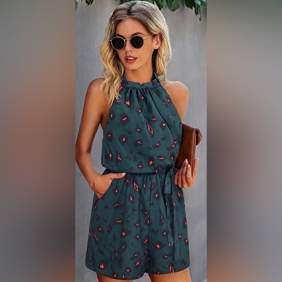 Angashion Women's Rompers - Halter Neck Sleeveless Elastic Waist Romper - Picture 1 of 4